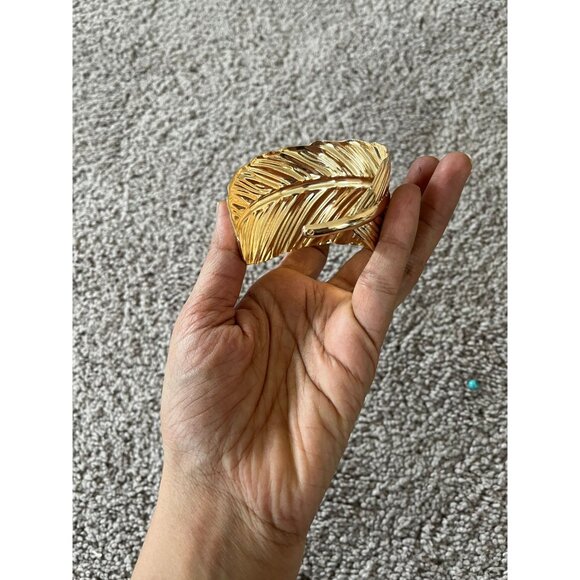 wide gold cuff leaf bracelet bangle large wedding metal boho chunky statement - Picture 5 of 9